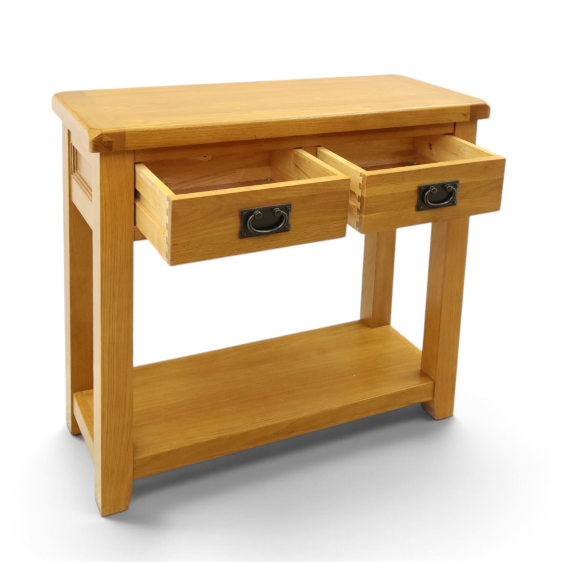 Oak Furnitureland - Contemporary solid oak console table, fitted with two drawers and full length under tier