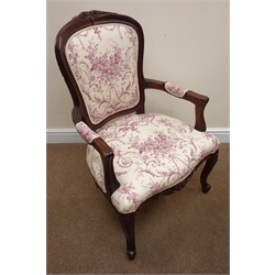 Pair French style mahogany open arm chair, upholstered in complimentary Rococo toile, on cabriole legs, W65cm  