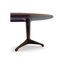 Andrew Milne for Heals - mid-20th century extending dining or boardroom table, oval top with one additional leaf, raised on twin tapering pedestal supports terminating in tripod feet