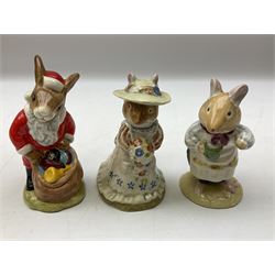 Fifteen Royal Doulton Brambly Hedge figures, comprising Wilfred Toadflax, Dusty Dogwood, Mrs Toadflax, Mr Apple, Primrose Woodmouse, Lord Woodmouse, Poppy Everbright, two Lady Woodmouse, two Old Mrs Everbright, Mr Toadflax, Mrs Apple, Santa Bunnykins and Bunnykins, together with three Royal Albert Wind in the Willows figures comprising Ratty, Badger and Mole, all with printed marks beneath (18)