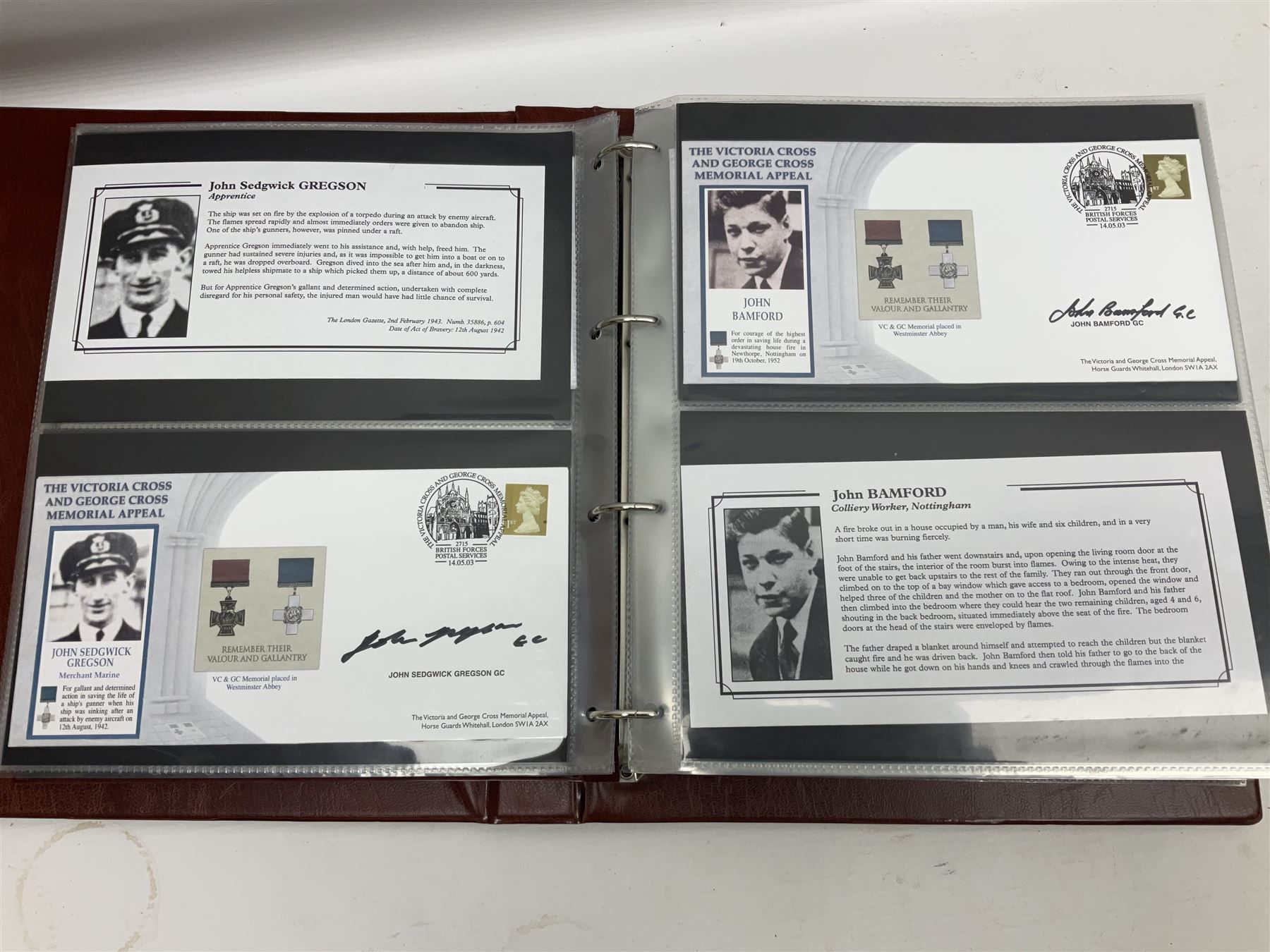 Album containing over seventy Victoria Cross and George Cross related First Day Covers, Medal Covers, Coin Covers, PHQ cards and postcards, Presentation Packs etc; some bearing signatures of the recipient.