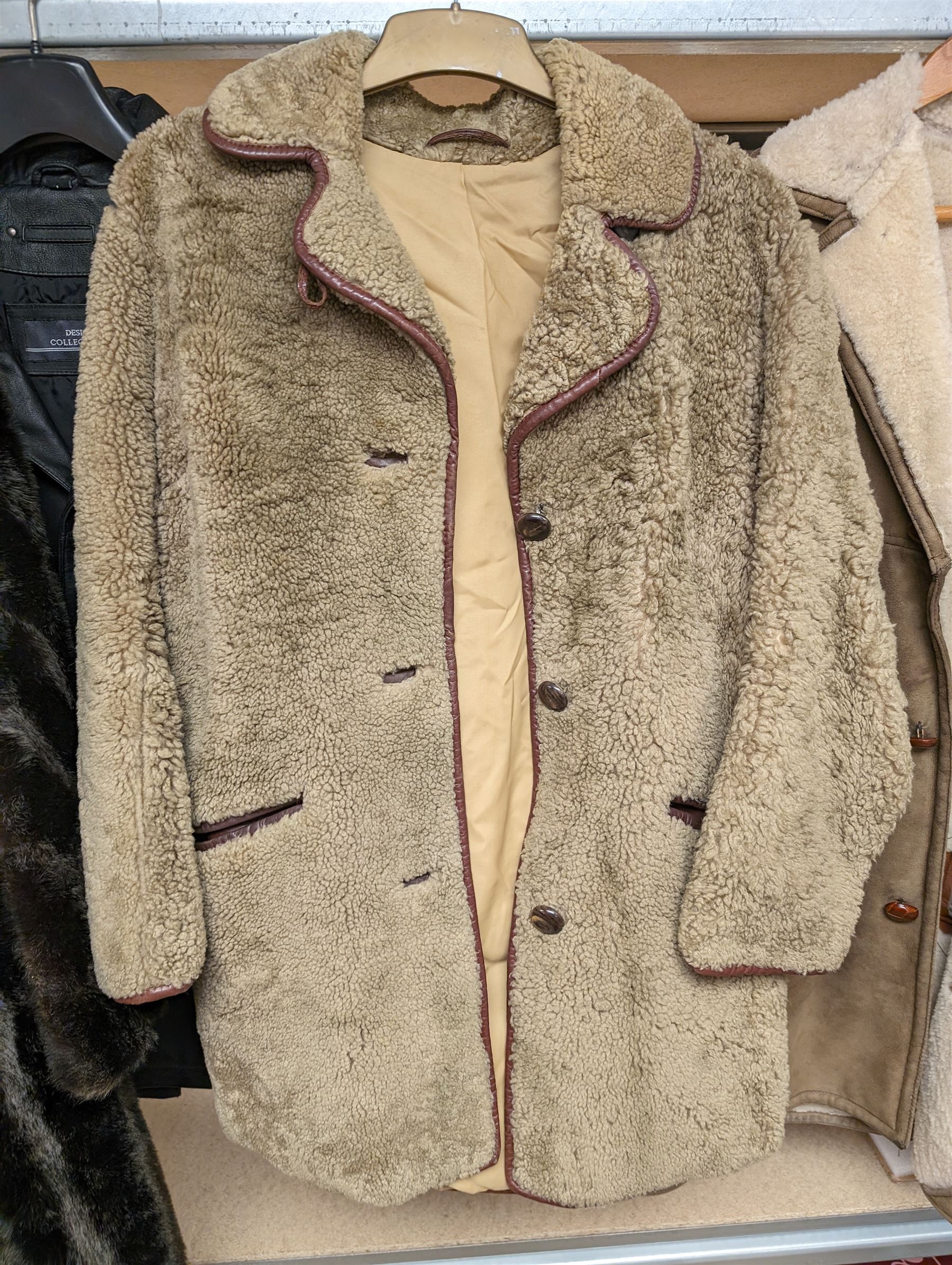 Two Waddingtons sheepskin coats, Maxwell & Cowan rabbit fur coat, Lykafur simulated mink fur coat, faux fur gilet and a leather jacket