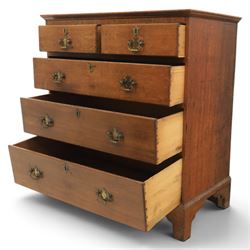 18th century oak chest, moulded rectangular top, above two short over three long graduating drawers, fitted with pierced brass escutcheons and swan neck handles, on bracket feet 