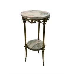 Late 20th century cast gilt metal and marble two-tier stand, pink and grey marble top and undertier, the base decorated with floral garlands, on reed moulded supports with splayed terminals 