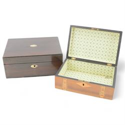 19th century walnut box, with Tunbridge style banding, together with another box 