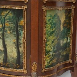 Mid-20th century rosewood vitrine display cabinet, shaped form with cast gilt metal gallery and mounts, enclosed by glazed door with Vernis Martin design panel, fabric lined interior with two glass shelves, on cabriole supports with cast acanthus leaf mounts 