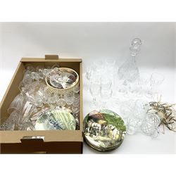 Cut glass, including wine glasses, tumblers and a decanter, together with  Royal Doulton collector's plates, including As Once they worked on the land, etc, two boxes.
