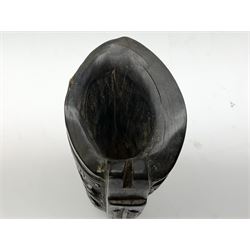 Chinese horn blood collection cup, carved with dragons and key fret border, H9.5cm