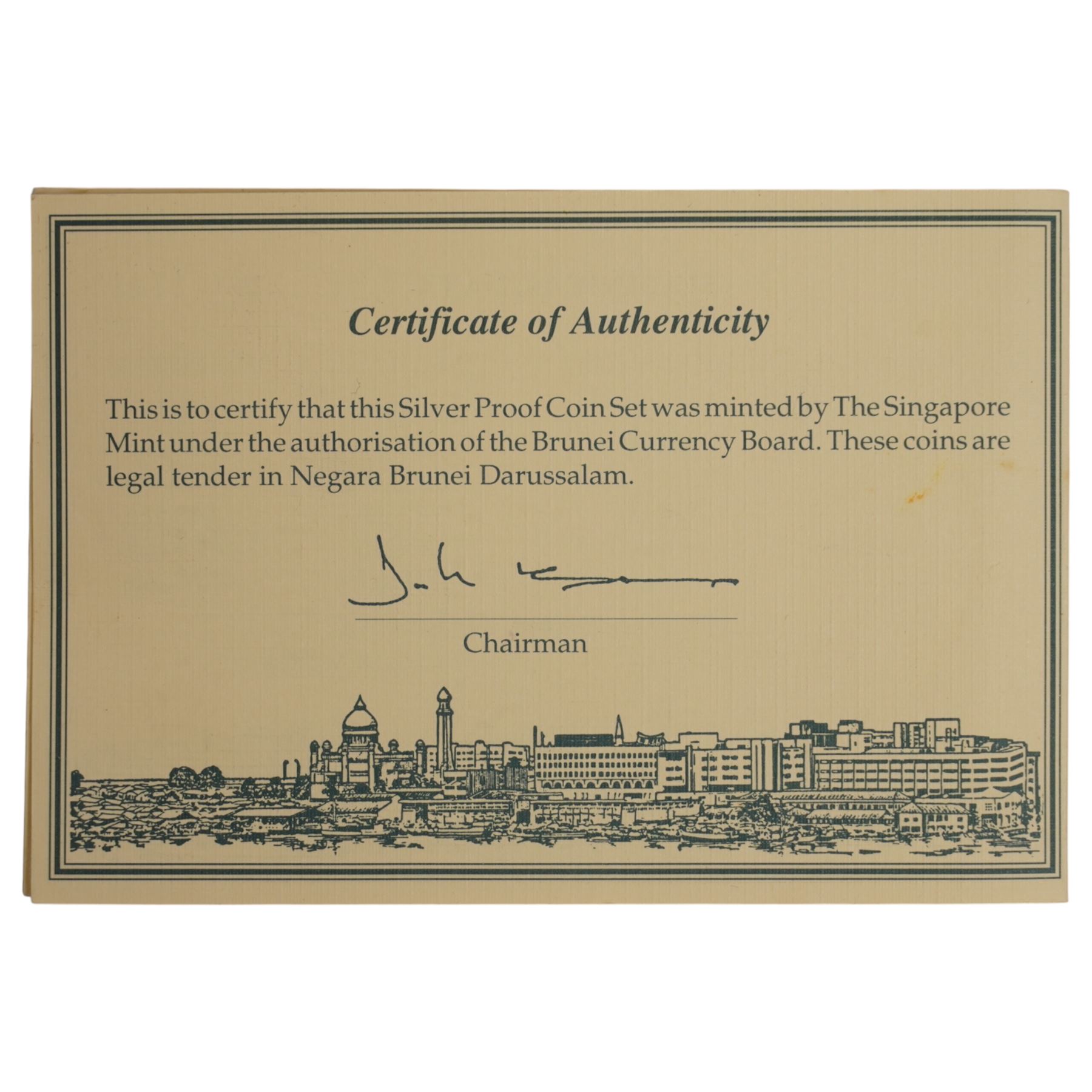 Brunei 1991 silver proof six coin set, one dollar to one sen, minted by The Singapore Mint, cased with certificate