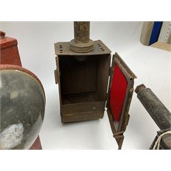 Collection of cast iron lamps, predominantly railway and coach examples, to include John Phillips Light of London Lamp Co coach lamp and Lito bicycle lamp by Miller & Co of Birmingham, etc