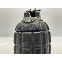 Two inert WW2 Mills Bomb (pineapple) hand grenades; one adapted as a money box with coin slit to the side and later cap H9.5cm (2)