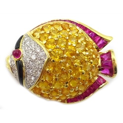  18ct gold enamel fish brooch set with yellow and white diamonds and rubies  