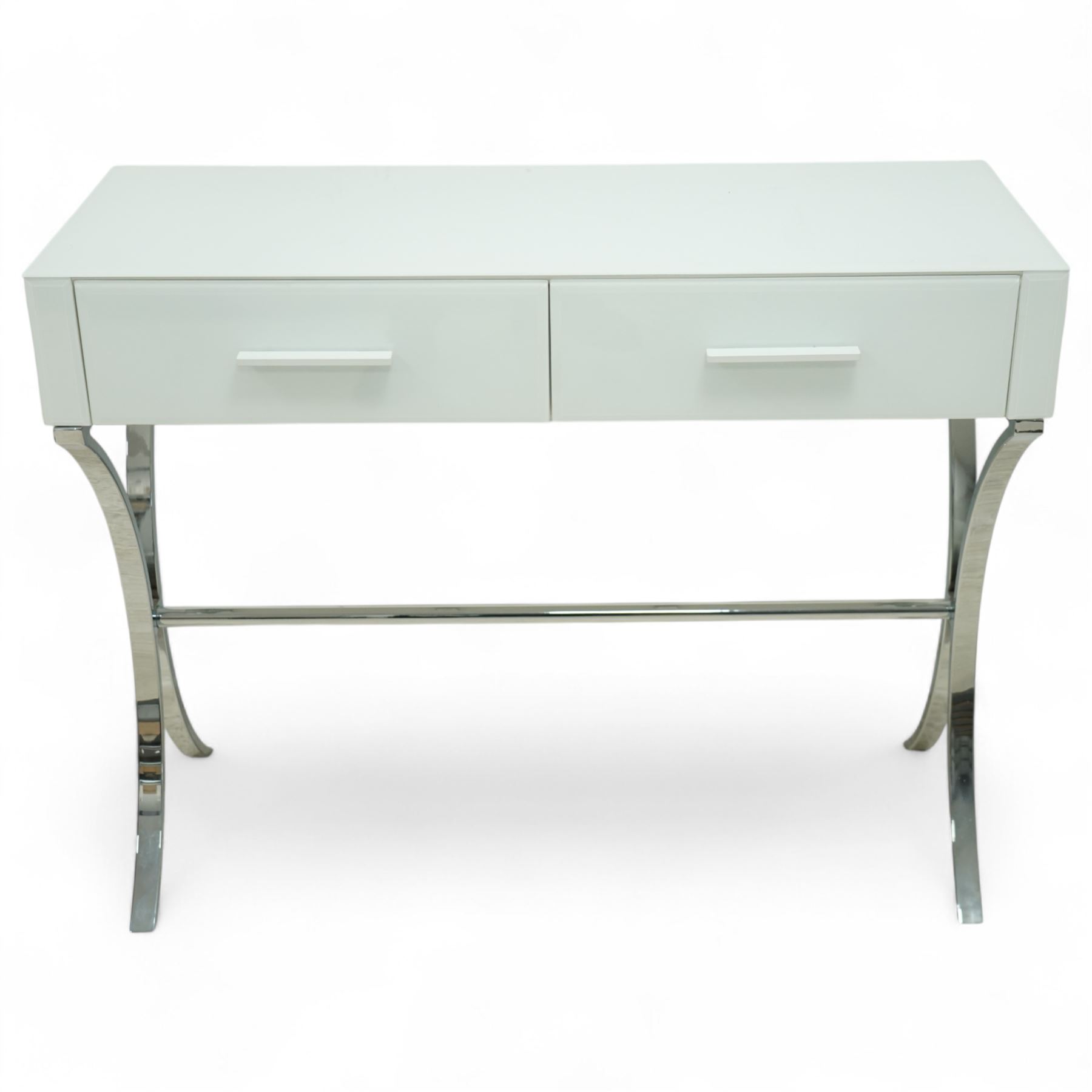Contemporary white and chrome console dressing table, rectangular top over twin drawers with integral bar handles, raised on curving polished chrome supports united by a tubular stretcher