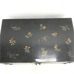 Chinoiserie back lacquered cabinet, two doors, images picturing Eastern rural scene, W84cm, H41cm, D51cm