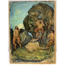 Circle of Ker-Xavier Roussel (French 1867-1944): Fauns in the Forest, oil on canvas laid on to panel indistinctly signed 22cm x 16cm (unframed)