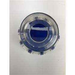 Mid 20th century Val Saint Lambert style pedestal bowl, the clear cut glass with blue overlay panelled decoration, raised upon spreading circular foot, H15cm D18cm