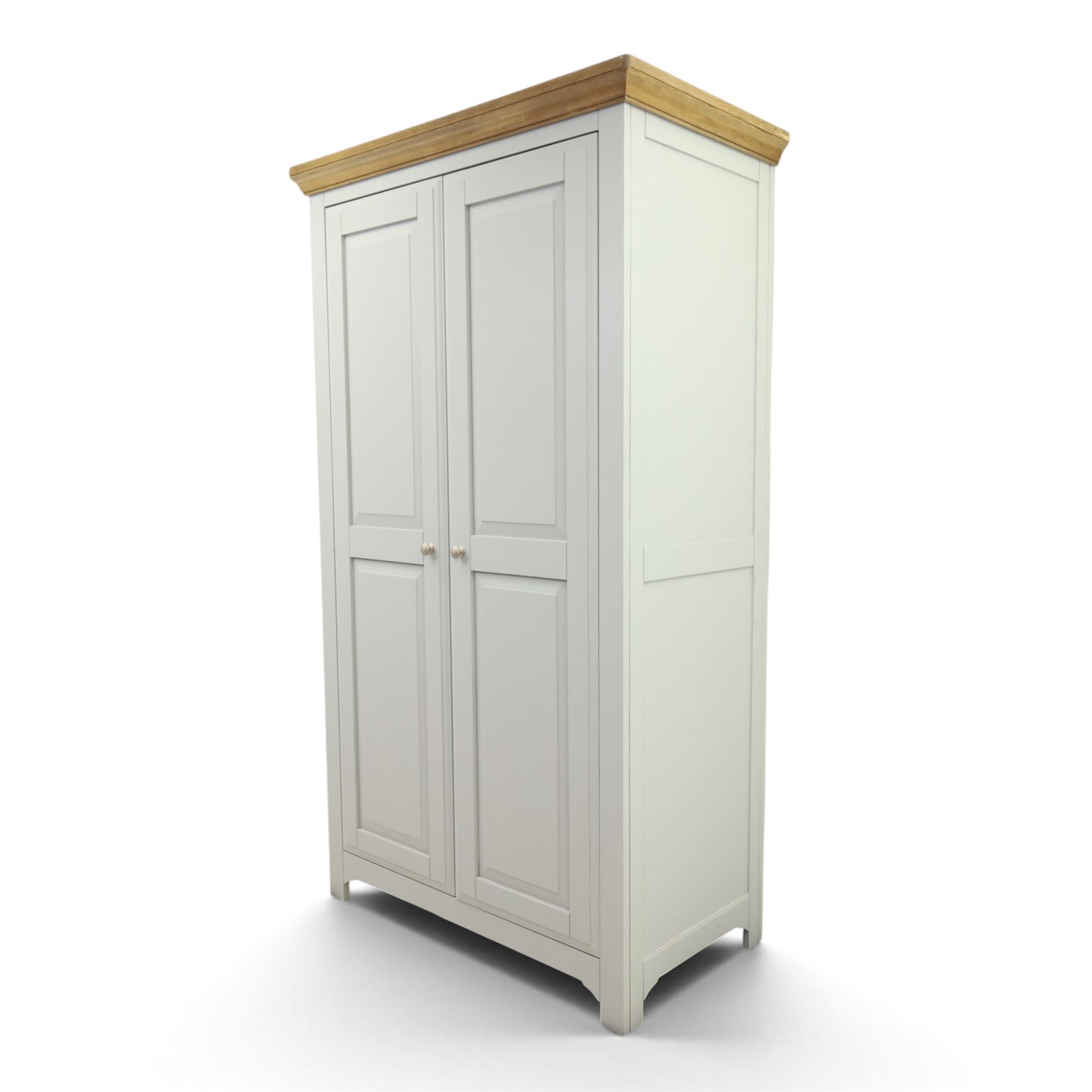 Barker & Stonehouse - Grey painted double wardrobe, with projecting oak cornice, fielded panelled doors, with wooden hanging rail, raised on bracket feet