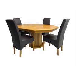 Oak octagonal extending dining table with additional leaf, octagonal pedestal base with fluting (150cm x 105cm x 76cm), and set four high back dining chairs upholstered in chocolate brown faux leather on square tapering supports (47cm x 54cm x 102cm)