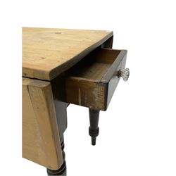 Victorian pine drop leaf table, single end drawer