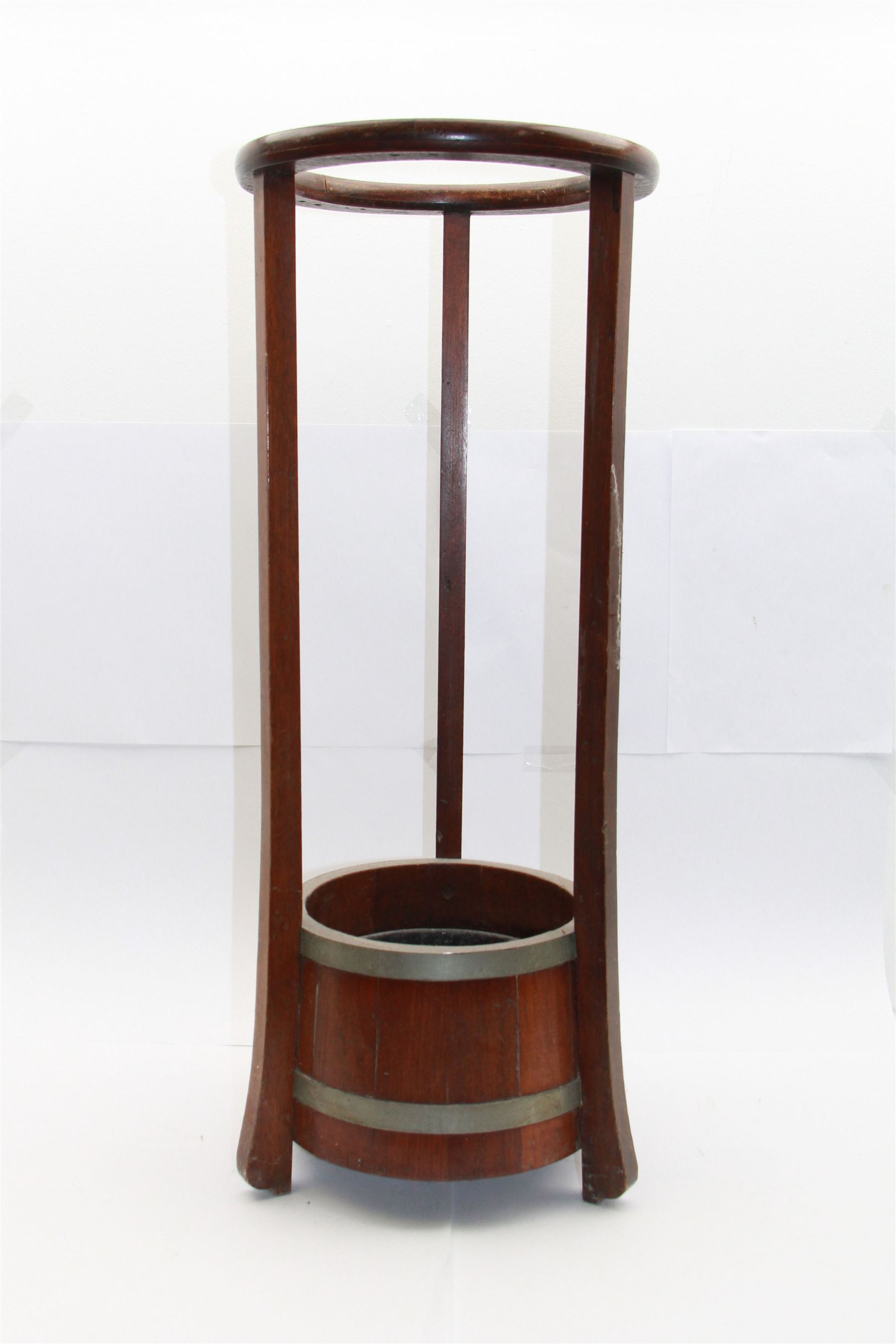 Wooden stick/umbrella stand of circular form with metal drip tray, H75cm