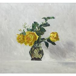 Neil Tyler (British 1945-): Still Life of Yellow Roses, oil on panel signed and dated '99, 43cm x 46cm