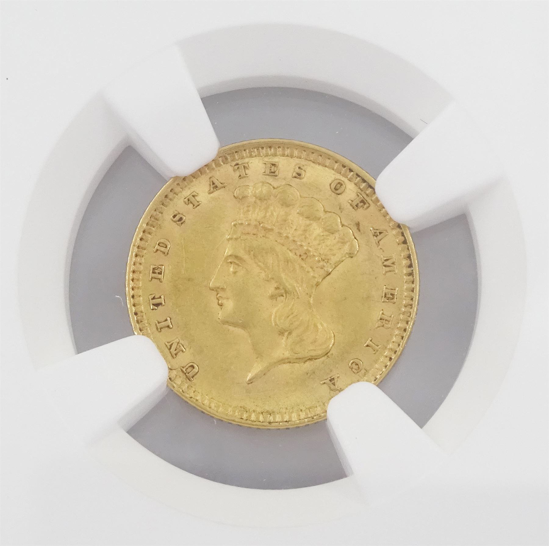 United States of America 1857 gold dollar coin, encapsulated and graded MS60 by NGC