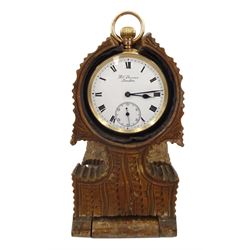 Early 20th century 9ct gold open face keyless lever 'The Bank' pocket watch by J.W.Benson, London, No. 5853, white enamel dial with Roman numerals and subsidiary seconds dial, London 1924, with original box and wooden stand