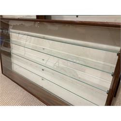Four die-cast model wall mounting display cases by Picture Pride Displays Sandwell; each with mahogany stained frames and glazed fronts; three 83 x 75.5cm with eleven plate glass shelves and one 57 x 106cm with five plate glass shelves (4)