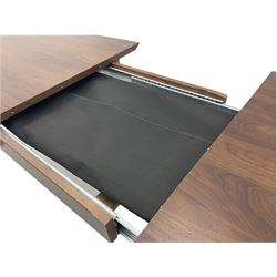 Bentley Designs - Premier collection 'Oslo' contemporary walnut extending dining table and six chairs upholstered in steel grey fabric. 