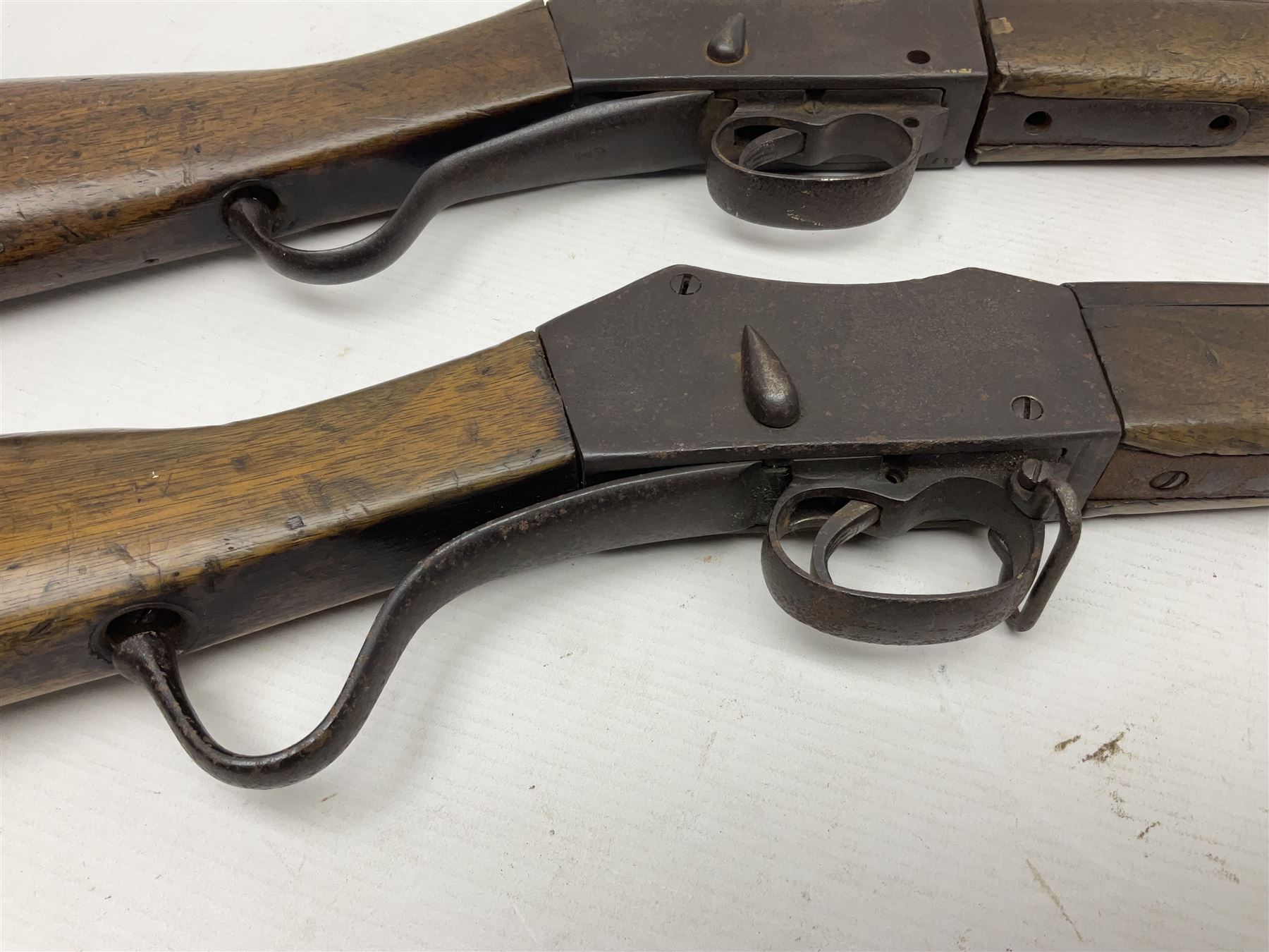 RFD ONLY AS NOT NITRO OR BLACK POWDER PROOFED - two late 19th century Martini Henry .303 carbines in poor condition for spares or repair, no visible numbers (2)