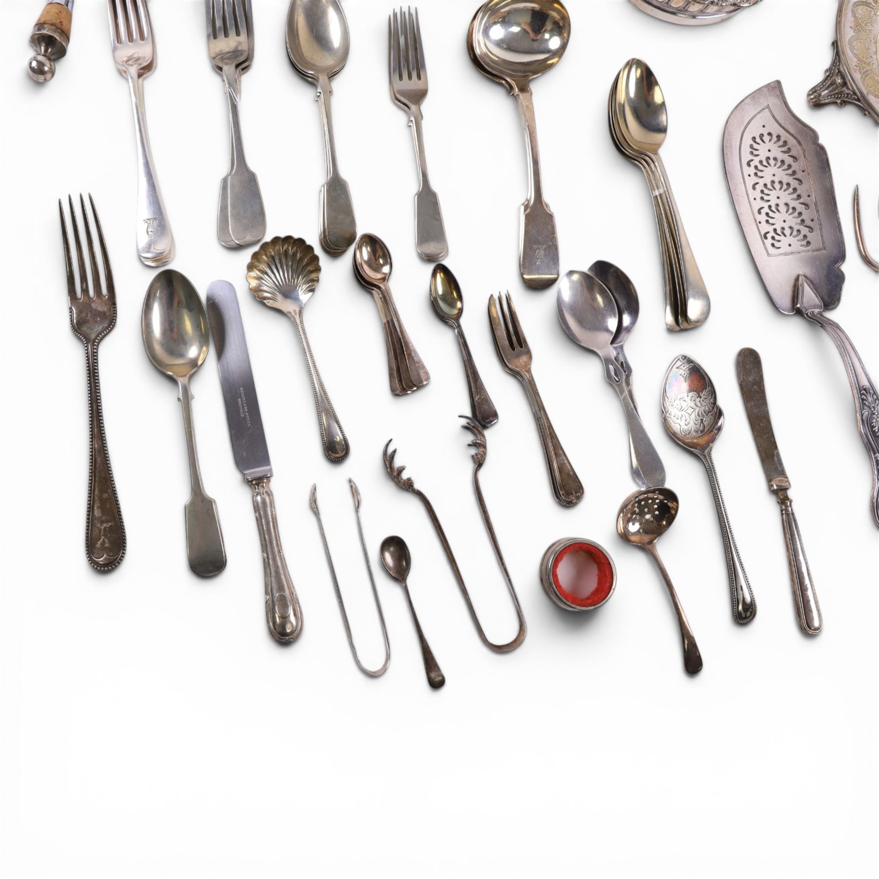 Silver plate, including waiter, two bottle coasters, funnel, cutlery, etc