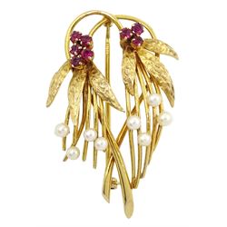 9ct gold ruby and pearl stylized flower brooch, hallmarked