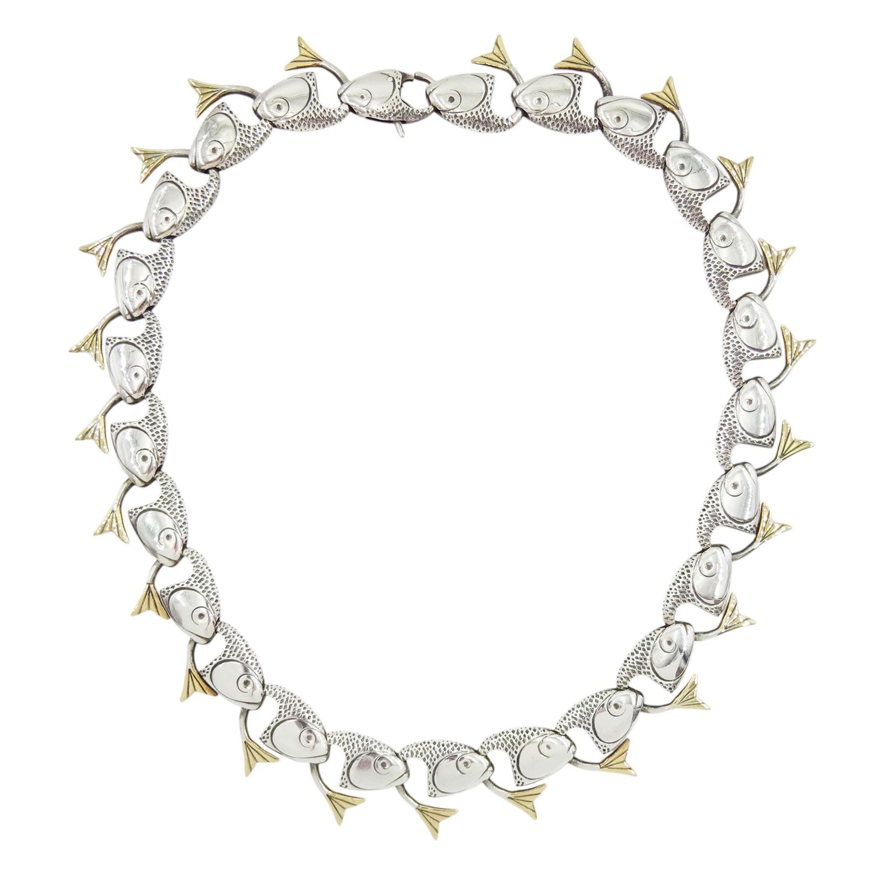 Brett Payne silver and 9ct gold fish necklace, twenty-five links each with silver fish heads and 9ct gold tails, Sheffield 1999, boxed