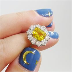 18ct gold yellow sapphire and diamond cluster ring, single octagonal cut yellow sapphire of approx 2.15 carat, surrounded by eight brilliant cut diamonds and two baguette cut diamonds within a milgrain setting, stamped, total diamond weight 1.2 carat