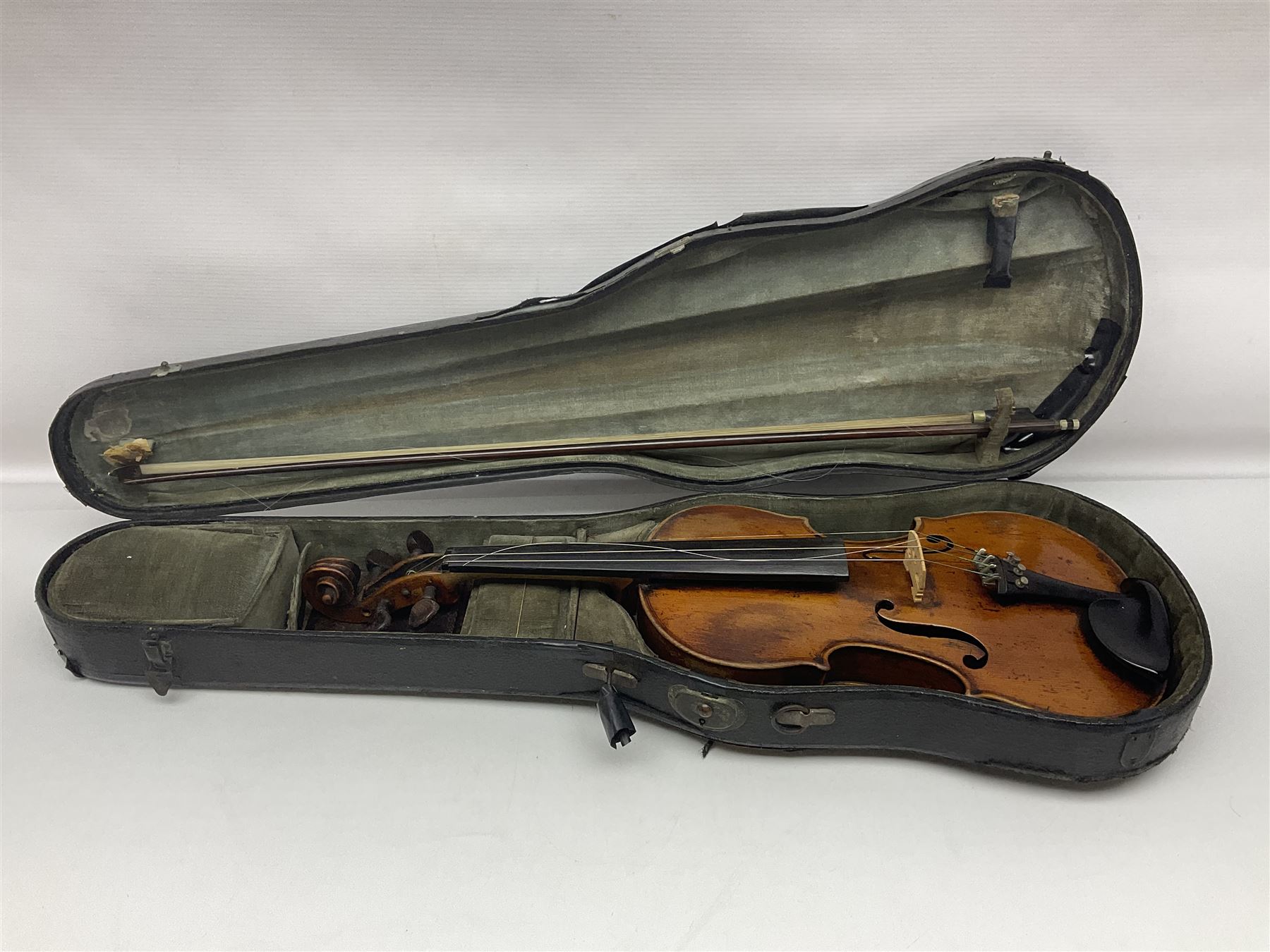 Late 19th century French trade violin with 35.5cm one-piece maple back and ribs and spruce top L59cm overall; in carrying case with bow