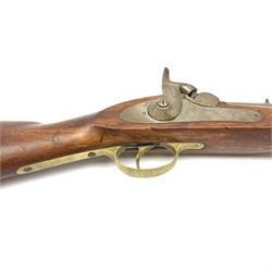 Indian style Enfield type smooth bore muzzle loading percussion cap musket, approximately 24-bore, full walnut stock with two bands and ramrod under L122cm overall