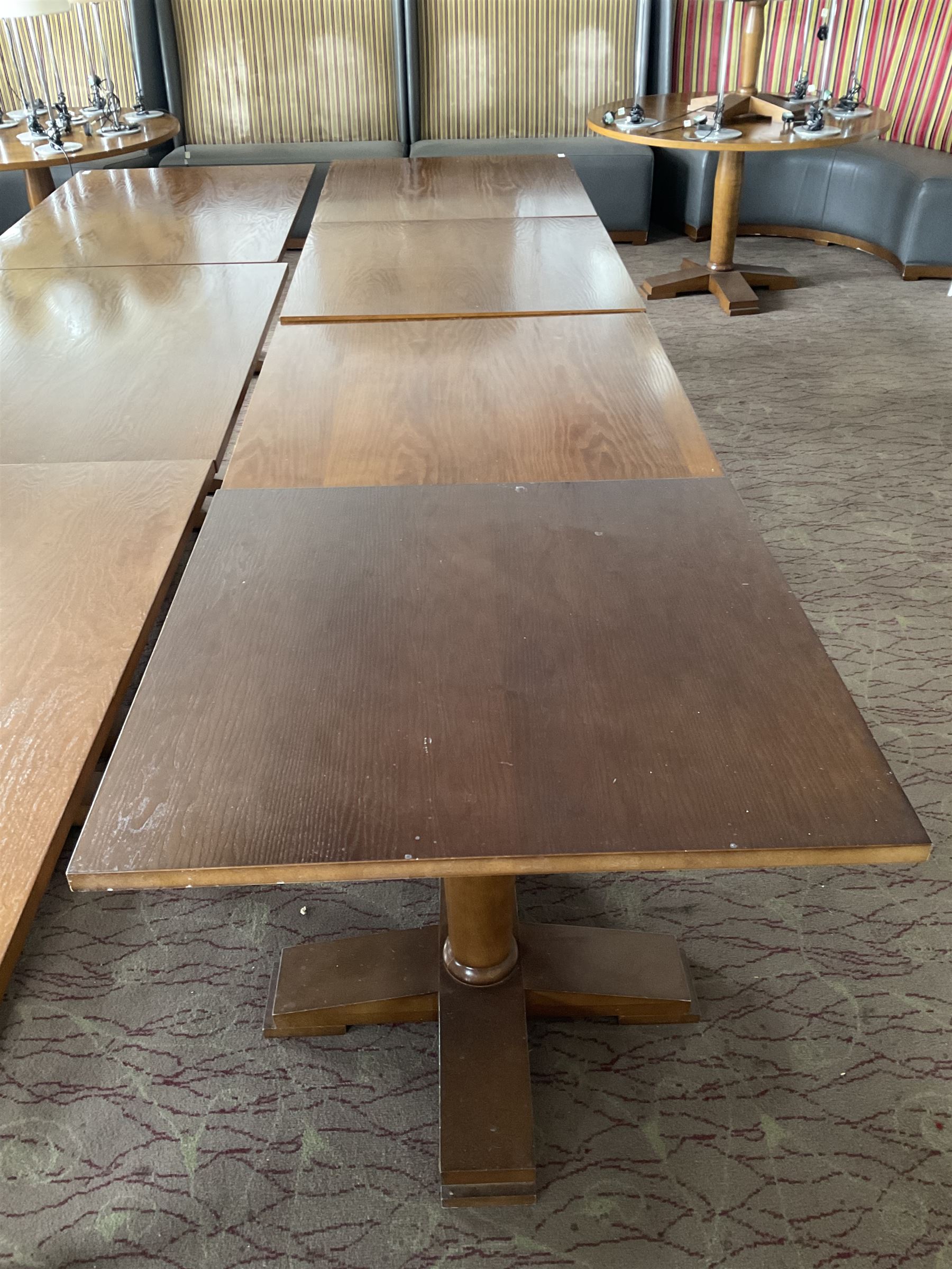 Four square walnut finish dining tables - LOT SUBJECT TO VAT ON THE HAMMER PRICE - To be collected by appointment from The Ambassador Hotel, 36-38 Esplanade, Scarborough YO11 2AY. ALL GOODS MUST BE REMOVED BY WEDNESDAY 15TH JUNE.