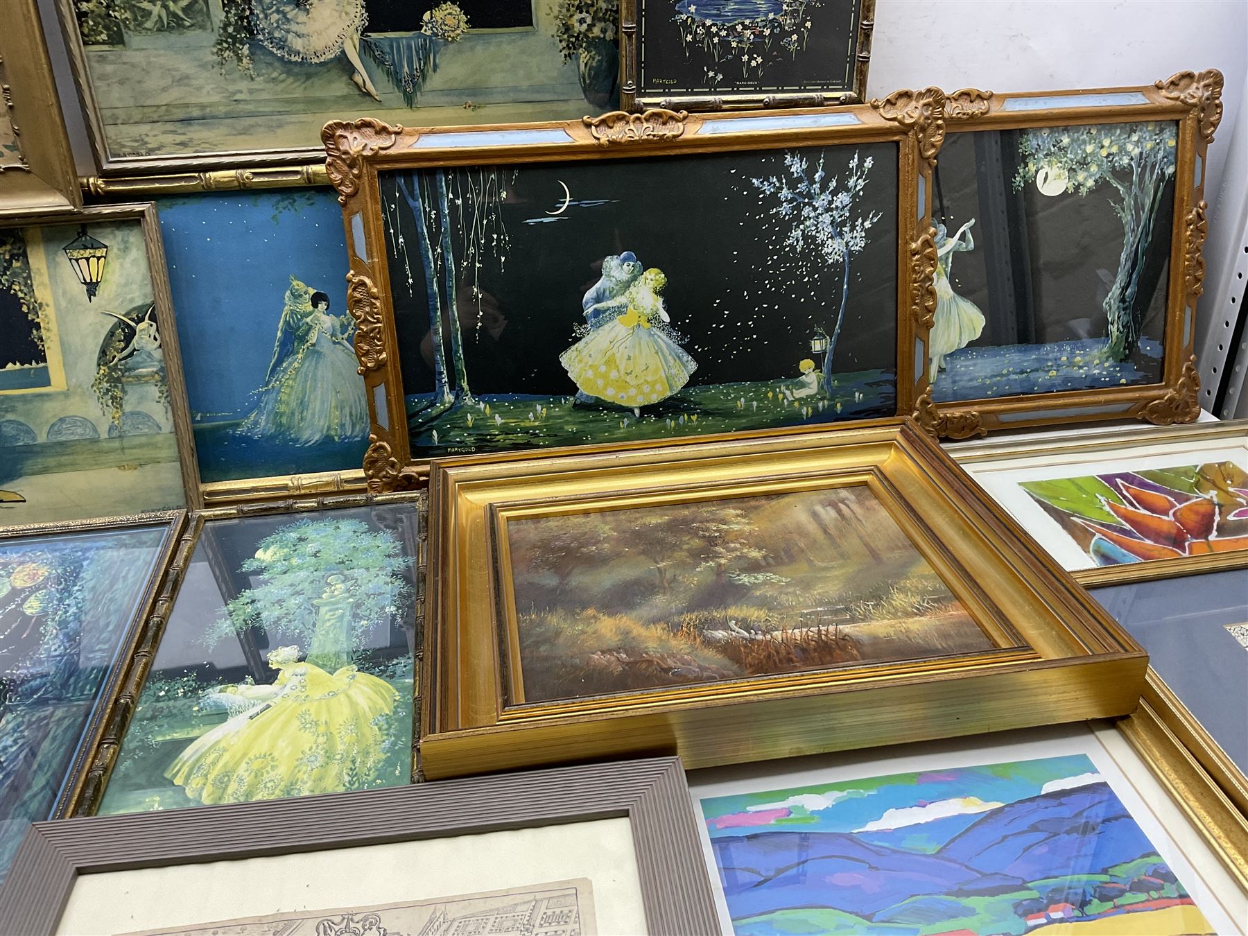 Large collection of Marion Crowe aka Marygold (British 1892-1979) prints together with various engravings, an original oil signed E J Poole and a reproduction map of Tobago Cays in one box (22)