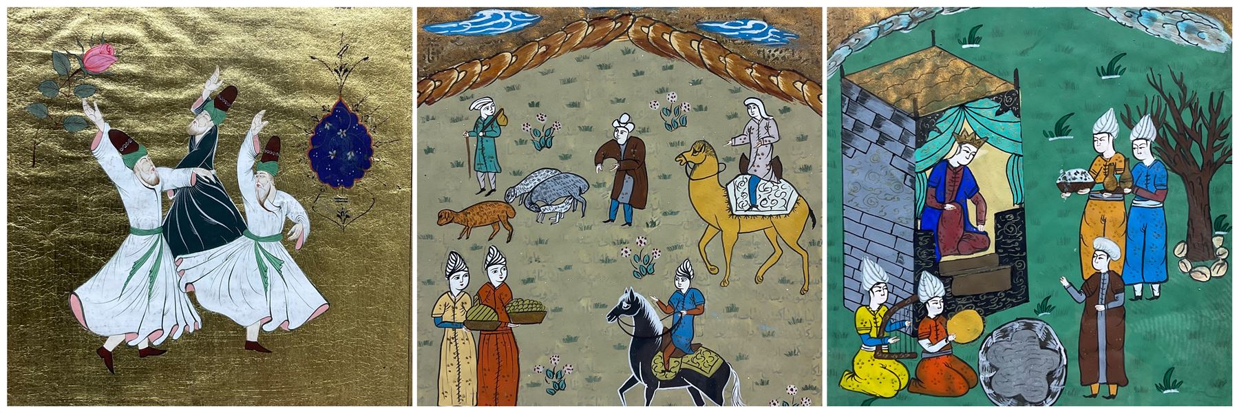 Persian School (19th century): The Khamsah of Nizami, pair plates with illuminated watercolours depicting Emperor Khusraw organising a royal reception and shepherd scene 34cm x 22cm; Ottoman School (18th/19th century): Turkish Whirling Dervish, illuminated watercolour from book plate with Arabic text 23cm x 17cm (3)