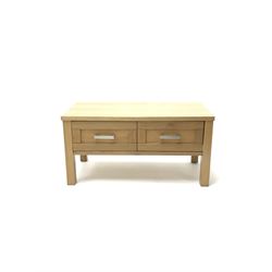 Light oak coffee table with two drawers, stile supports  