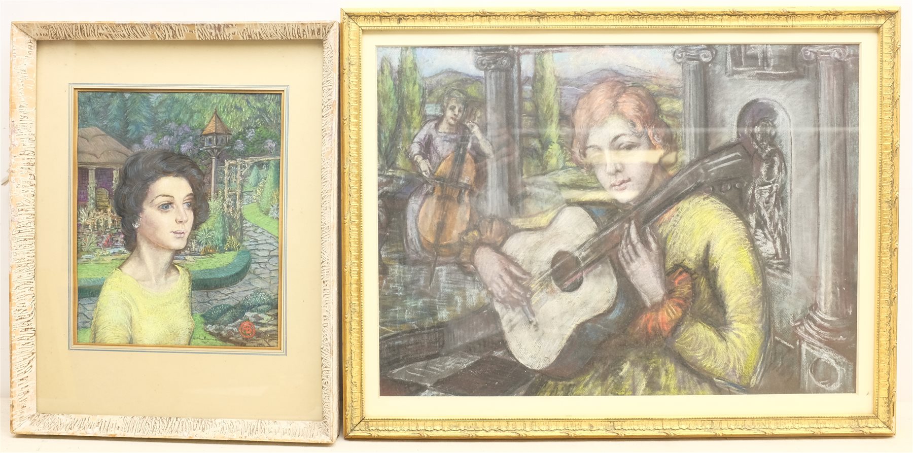 Arthur Burnett (British 20th century): Young Woman in a Garden, pastel signed and dated 1965, together with another unsigned pastel of two girls playing string instruments, and a still life oil on canvas unsigned, max 53cm x 45cm (3)