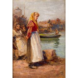 Robert Jobling (Staithes Group 1841-1923): Fishergirl by the North Shields Fish Quay near ...