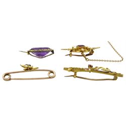 Edwardian gold amethyst and pearl brooch, turquoise and pearl bug brooch and a garnet and pearl brooch, all 15ct and one other purple stone set brooch 