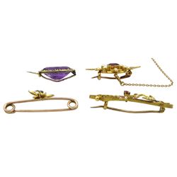 Edwardian gold amethyst and pearl brooch, turquoise and pearl bug brooch and a garnet and pearl brooch, all 15ct and one other purple stone set brooch 