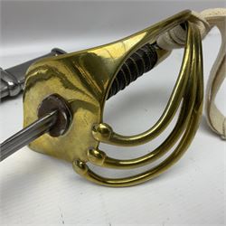Early 19c French 1st Empire Heavy Cavalry trooper's sword, the 95.5cm double fullered blade with various stamped marks and inscribed Klingenthal 1814 to the back edge, four-bar brass hilt with wire-bound leather grip, knucklebow numbered 139; in polished steel scabbard with two suspension rings L117cm overall