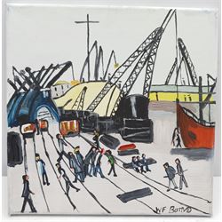 William Findley Burns (Northern British 1949-): 'The Shipyard', oil on canvas signed, titled verso 30cm x 30cm (unframed)