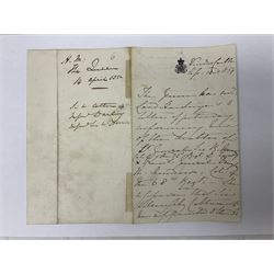 VICTORIA: (1819-1901) Queen of the United Kingdom Great Britain & Ireland 1837-1901. Vintage ink signature ('Victoria Rg') on a manuscript document appointing William Deverson as a bedesman at Canterbury Cathedral; folded single sheet 33 x 40cm blind stamped to top left corner for Secretary of State Home Department; further folded for delivery with remains of blind embossed seal affixed to one edge; together with a manuscript letter from Windsor Castle dated 14th April 1854 acknowledging receipt of two letters advising Queen Victoria of the deaths of a number of high ranking soldiers (2)