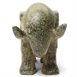 Carved stone Rhino, W44cm and a pair of two green stone Elephants, W38cm (3)