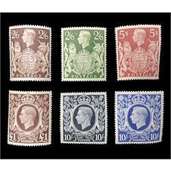 Great Britain King George VI 1939-48 set of six stamps, including ten shillings dark blue, all unused, previously mounted