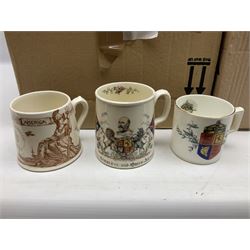 Collection of Victorian and later commemorative mugs, to include Queen Victoria 1887 Jubilee cup, Rd No. 64761, Royal Doulton Victory and Peace mug, 1919, Rd 666159, Royal Doulton King Edward VII blue transfer coronation, Royal Doulton 1937 George Coronation, Harrods Limited Rulers Of An Empire on Which The Sun Never Sets, Royal Worcester Victory in the Gulf, two Shelley examples, Spode limited edition Queen Elizabeth II Golden Jubilee etc in two boxes